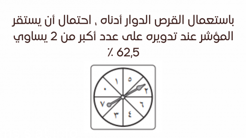 باستعمال القرص الدوار أدناه ، احتمال أن يستقر المؤشر عند تدويره على عدد أكبر من 2 يساوي 62,5 ٪