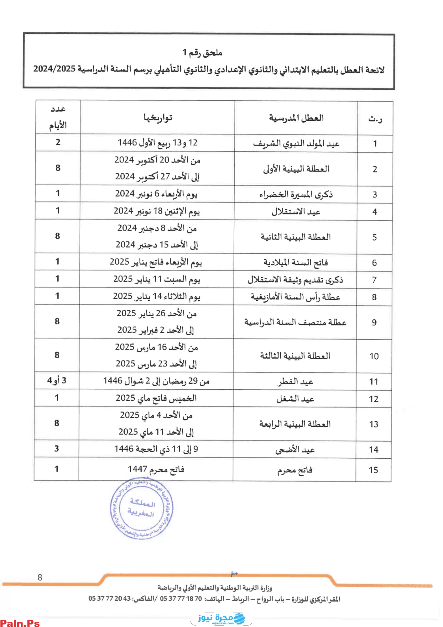 جدول العطل المدرسية في المغرب للعام الدراسي 2024/2025