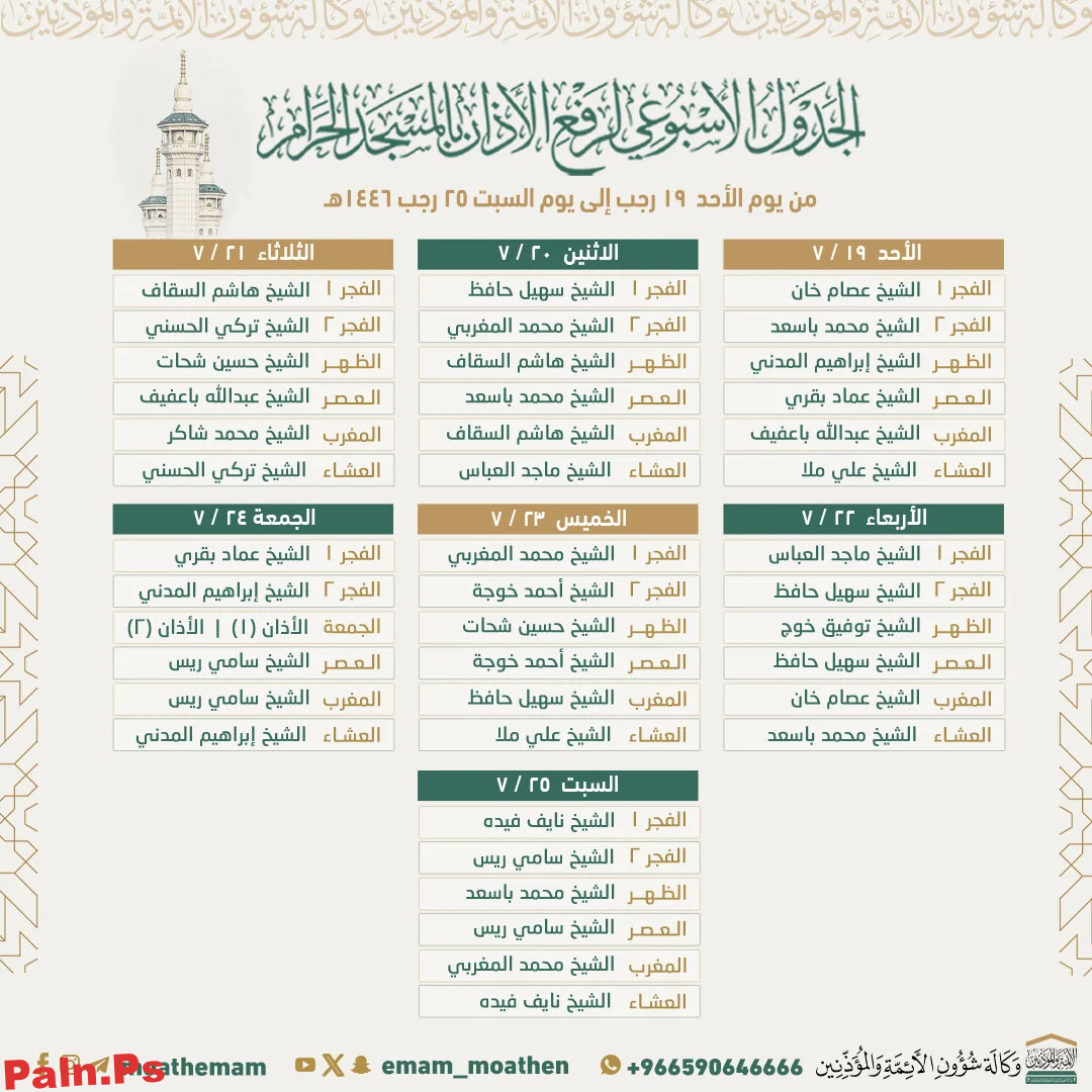 جدول أئمة الحرم المكي هذا الأسبوع 1446 من الأحد 19 رجب 19 يناير 2025